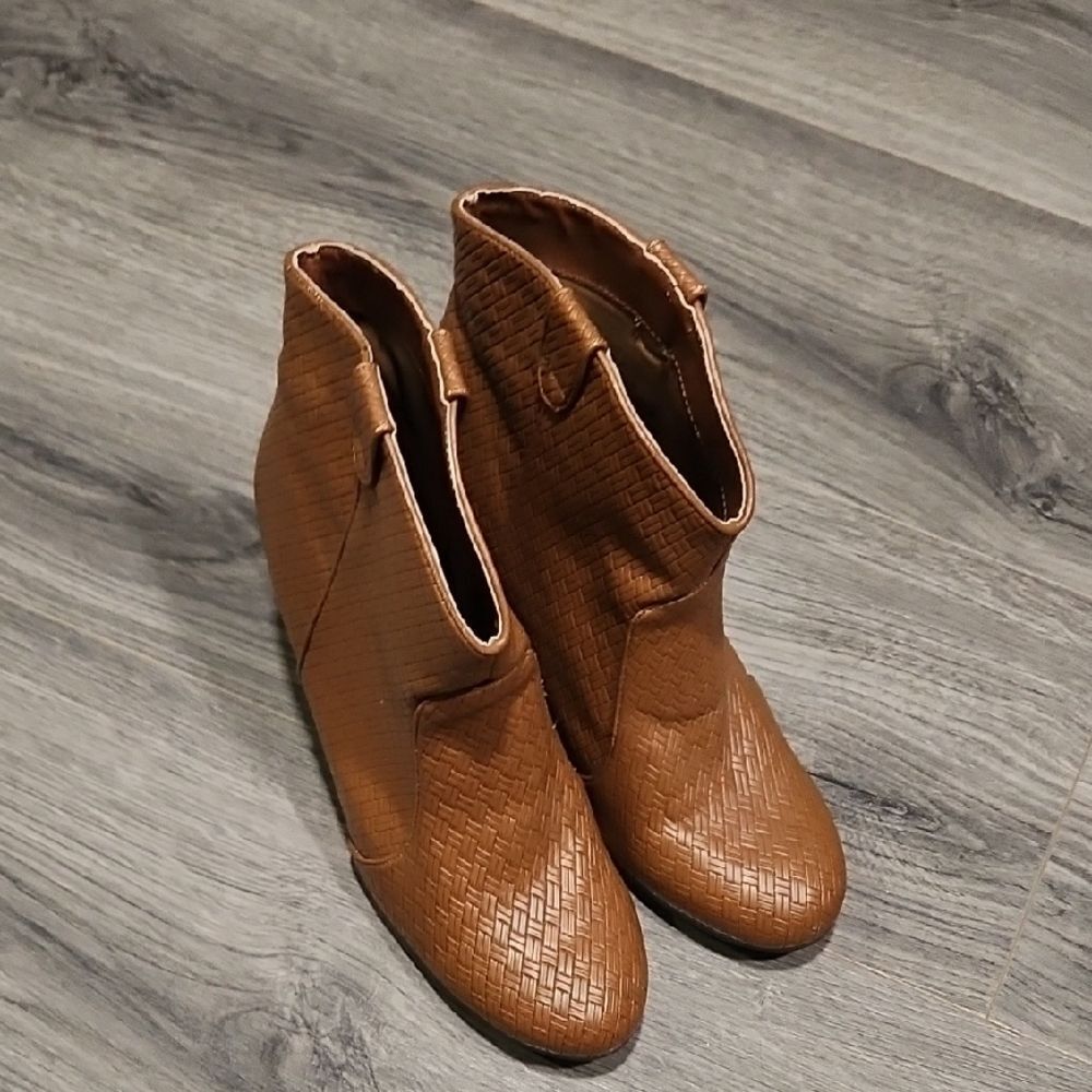 Qupid Camel Faux  Leather Woven Booties